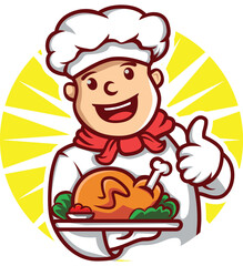 Chef cartoon holding a tray of roast chicken and give a thumbs upChef cartoon holding a tray of roast chicken and give a thumbs up logo character mascot illustration vector