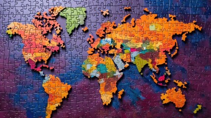 A world map made pf multicolored jigsaw puzzle pierces. Generative AI