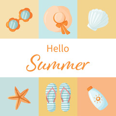 Summer banner with various beach elements. Hello summer text. Bright beach banner with sunglasses, seashells, sun cream, anchor and flip flops. Template for summer events