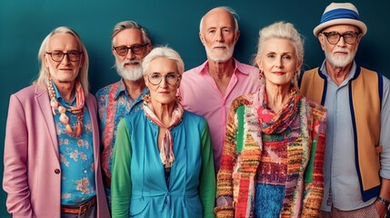 Group of stylish elderly people looking at the camera while standing together with confident poses and colourful clothing, Generative AI