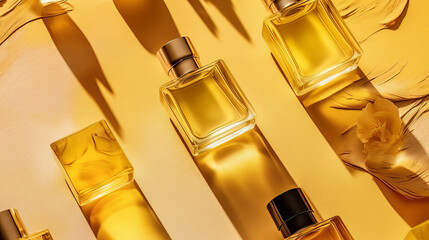 Banner of Perfume samples with yellow transparent liquid on woodcut on beige background. Luxury and natural cosmetic presentation. Testers in sunlight. Shades and lights. Top view