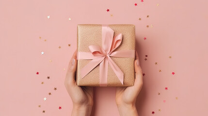 Hands-holding gift package in kraft paper with a pink ribbon on a trendy natural beige background with glitter. Flat lay, top view
