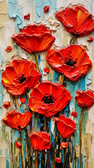 Oil paintings landscape. Colorful thick impasto, landscape painting, background of paint, red poppy flower