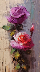 Oil paintings landscape. Colorful thick impasto, landscape painting, background of paint, pink rose petals - 600724854