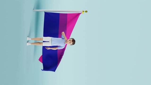 a vertical bisexual Pride Flag flowing against blue background, 3D animation