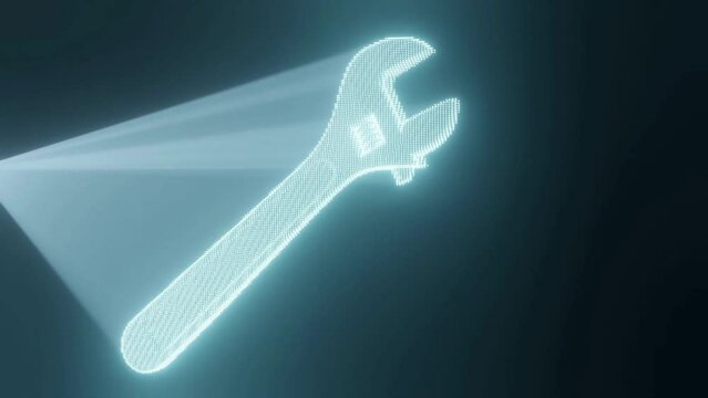 Hologram of adjustable wrench tool rotating, 3D vertical render