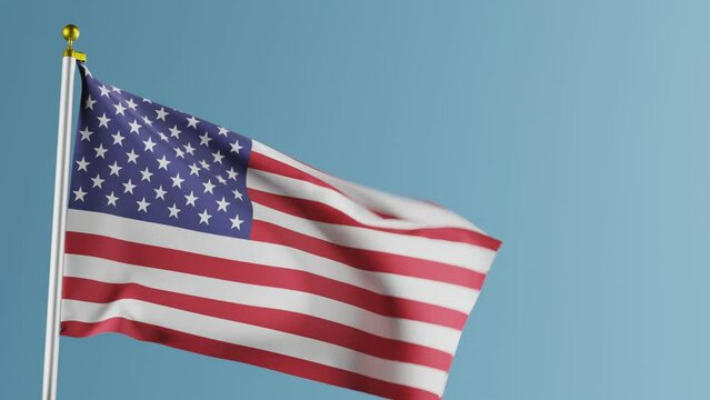 Flapping flag of the United States of America on blue background; 3D render
