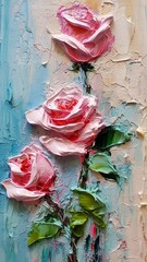 Oil paintings landscape. Colorful thick impasto, landscape painting, background of paint, red rose on old wooden background