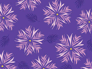 Naklejka na ściany i meble Purple background with pink flowers and leaves pattern decorative elements isolated on horizontal landscape template. Wallpaper for poster or textile prints.