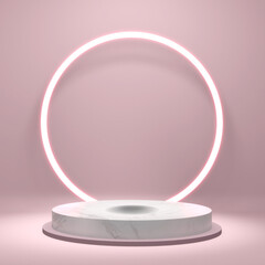 Wooden product display podium with blurred nature leaves background. 3D rendering