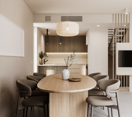 Modern concept interior of dining room and kitchen. Home interior design. 3D Rendering, 3D Illustration