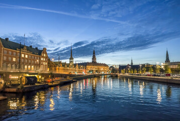 View of old town Copenhagen at night, Denmark