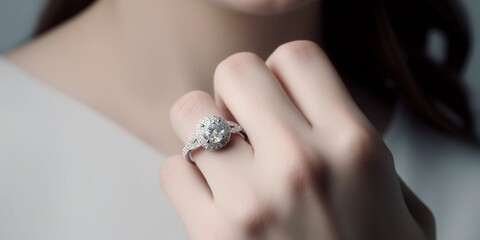 A woman's hand with a ring on her finger, an engagement ring