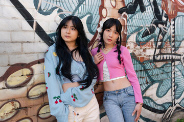 Young women standing against graffiti wall