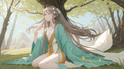 A Chinese girl dressed in traditional clothing sits on the grass, with the wind gently blowing, in an illustration created by generative AI.