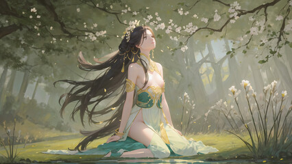 A Chinese girl dressed in traditional clothing sits on the grass, with the wind gently blowing, in an illustration created by generative AI.