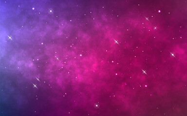 Obraz premium Starry galaxy with bright stars. Fantasy wallpaper with color nebula. Modern cosmic background for website or poster. Deep space with stardust. Vector illustration