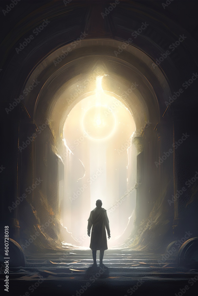Poster a person standing in the middle of a passageway that has a light at its conclusion generative ai