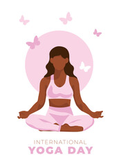 Fototapeta na wymiar International yoga day 21 June banner or poster with woman in lotus position. Faceless vector illustration. EPS 10 