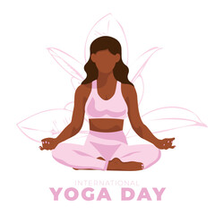 International yoga day 21 June banner or poster with woman in lotus position. Faceless vector illustration. EPS 10
