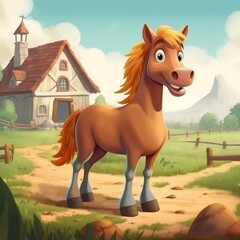 Cartoon Horse on Farm (Cute). Generative AI