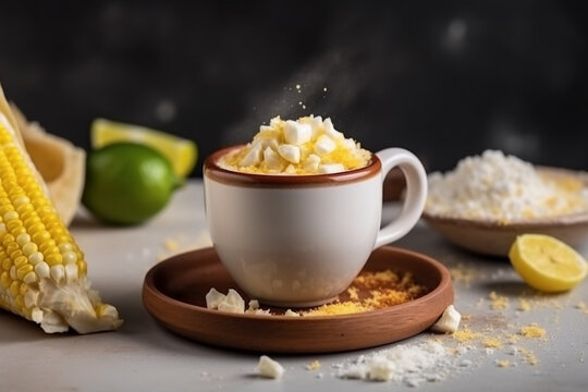 esquite corn mixed with creamy mayonesai, in a cup on a clay board on a dark background, generativ ai