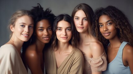 Obraz premium A diverse group of beautiful women with natural beauty and glowing smooth skin. Portrait of many attractive female fashion models with great skincare of all races, tones and style, Generative AI