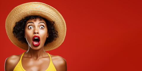 Summer offer banner with attractive woman wearing summer clothing. Excited, surprised facial expression. Isolated on solid color background.