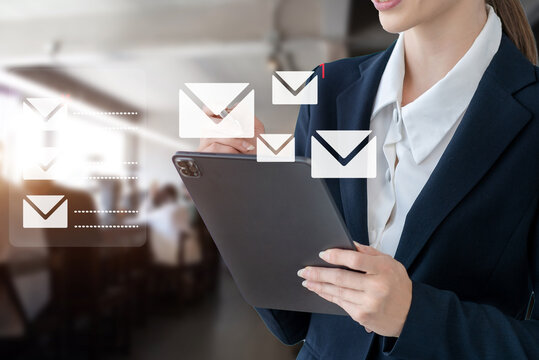 Business email marketing notification concept, Business woman use tablet receive message.
