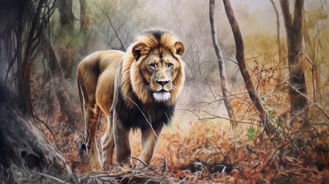 watercolor lion in jungle AI generative