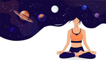 Woman dream in cosmos universe. Character of girl with galaxy space in her hair. Dreaming in metaverse reality. Astronomy horoscope concept. Mental mind relaxation in yoga pose. Vector illustration