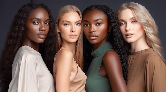 A diverse group of beautiful women with natural beauty and glowing smooth skin. Portrait of many attractive female fashion models with great skincare of all races, tones and style, Generative AI