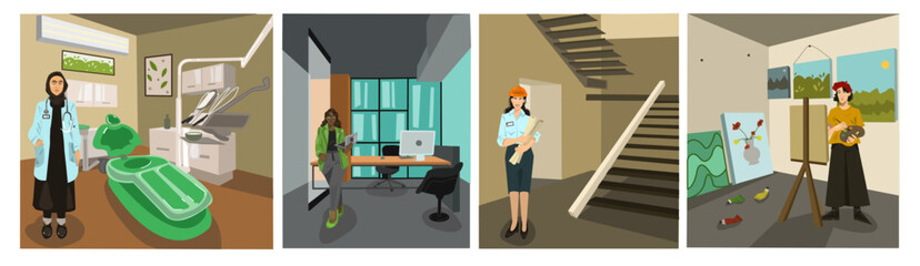 Set of confident diverse nationality women. Young woman different nations and jobs. Various profession of people. Successful employees in different uniforms type of activity. Vector illustration