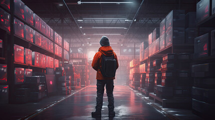 Obraz premium Rear view of a warehouse worker checking the goods. Generative AI