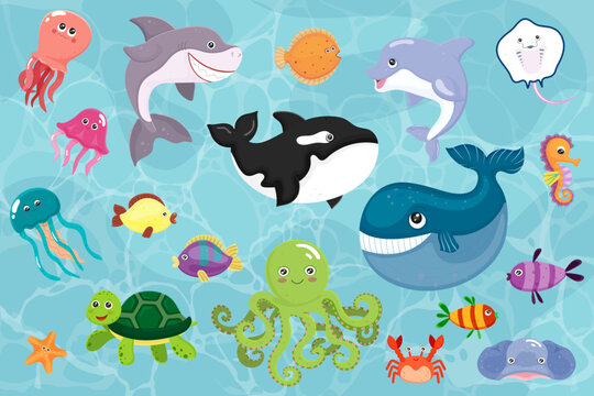 Set of ocean animals. Cartoon style children stickers of marine fauna. Childish kids sea creatures. Smiling shark, whale and dolphin. Cute turtle, squid, jellyfish, octopus, crab. Vector illustration