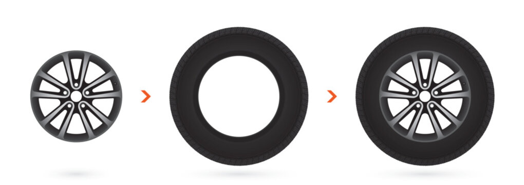 Vector realistic car wheel tires with rim and without rim. Isolated on white background