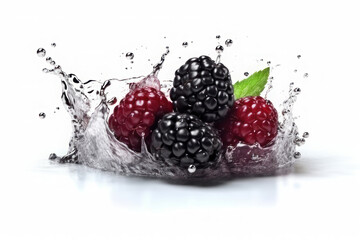 Ripe blackberry and splashes of water on a white background. AI generative.