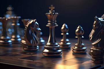 Chess Art on Chess Board. Chess Pieces, King, and Strategy for Board Game. Generative AI illustrations. 