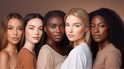 Fototapeta premium A diverse group of beautiful women with natural beauty and glowing smooth skin. Portrait of many attractive female fashion models with great skincare of all races, tones and style, Generative AI