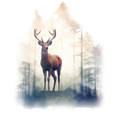 Illustration of a deer in a misty pine forest by generative AI