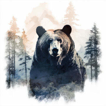 Illustration of a bear in a pine forest by generative AI