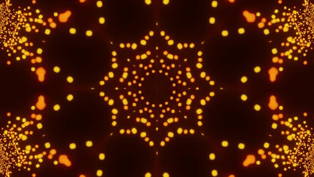 Abstract ornament from glowing sparks. Kaleidoscopic glowing mandala made of particles.