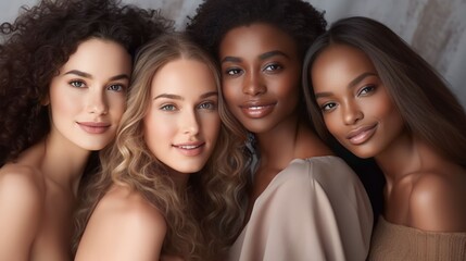 Obraz premium A diverse group of beautiful women with natural beauty and glowing smooth skin. Portrait of many attractive female fashion models with great skincare of all races, tones and style, Generative AI