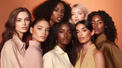 Obraz premium A diverse group of beautiful women with natural beauty and glowing smooth skin. Portrait of many attractive female fashion models with great skincare of all races, tones and style, Generative AI