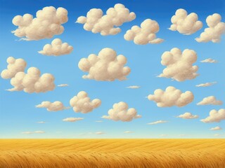 Fototapeta na wymiar Wheat field, clouds in the blue sky. Created by a stable diffusion neural network.