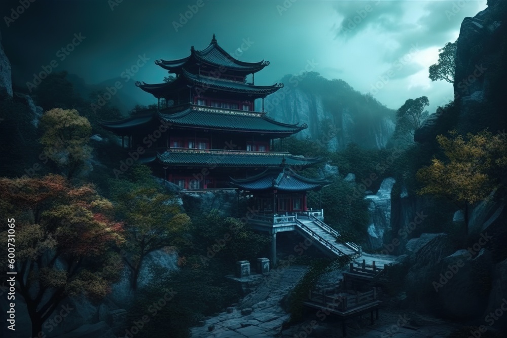 Poster a towering structure that is situated on top of a slope that is covered with verdant vegetation gene