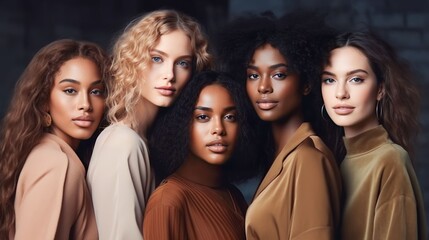 Obraz premium A diverse group of beautiful women with natural beauty and glowing smooth skin. Portrait of many attractive female fashion models with great skincare of all races, tones and style, Generative AI
