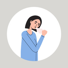 Young women suffering from a dry cough. Female with health problems. Symptom of flu, cold, influenza or different disease. Flat vector medical illustration