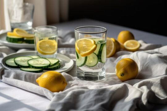 glass water with lemon and cucumber slices on the table generative ai