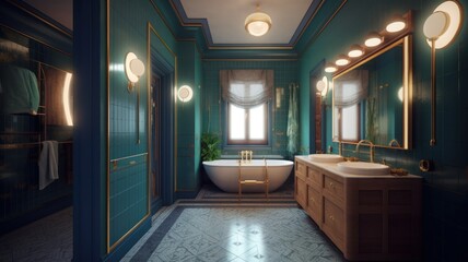 Art deco bathroom, bright blue walls, modern interior Generative AI